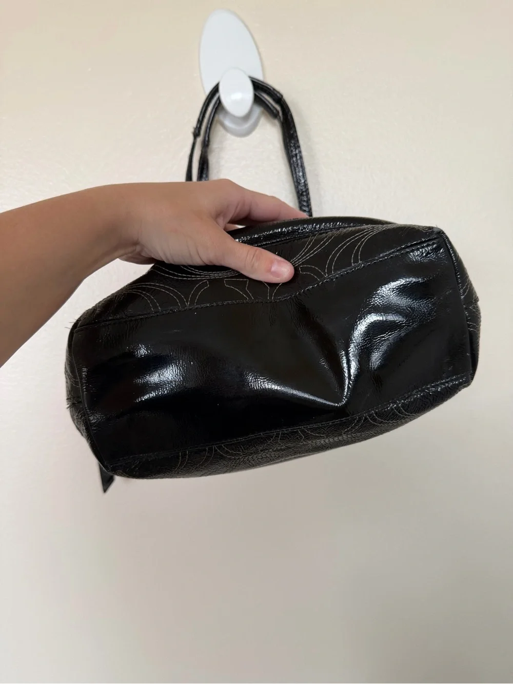 COACH F19198 Signature Sis Stitch Black Patent Leather Medium Tote Shoulder Bag